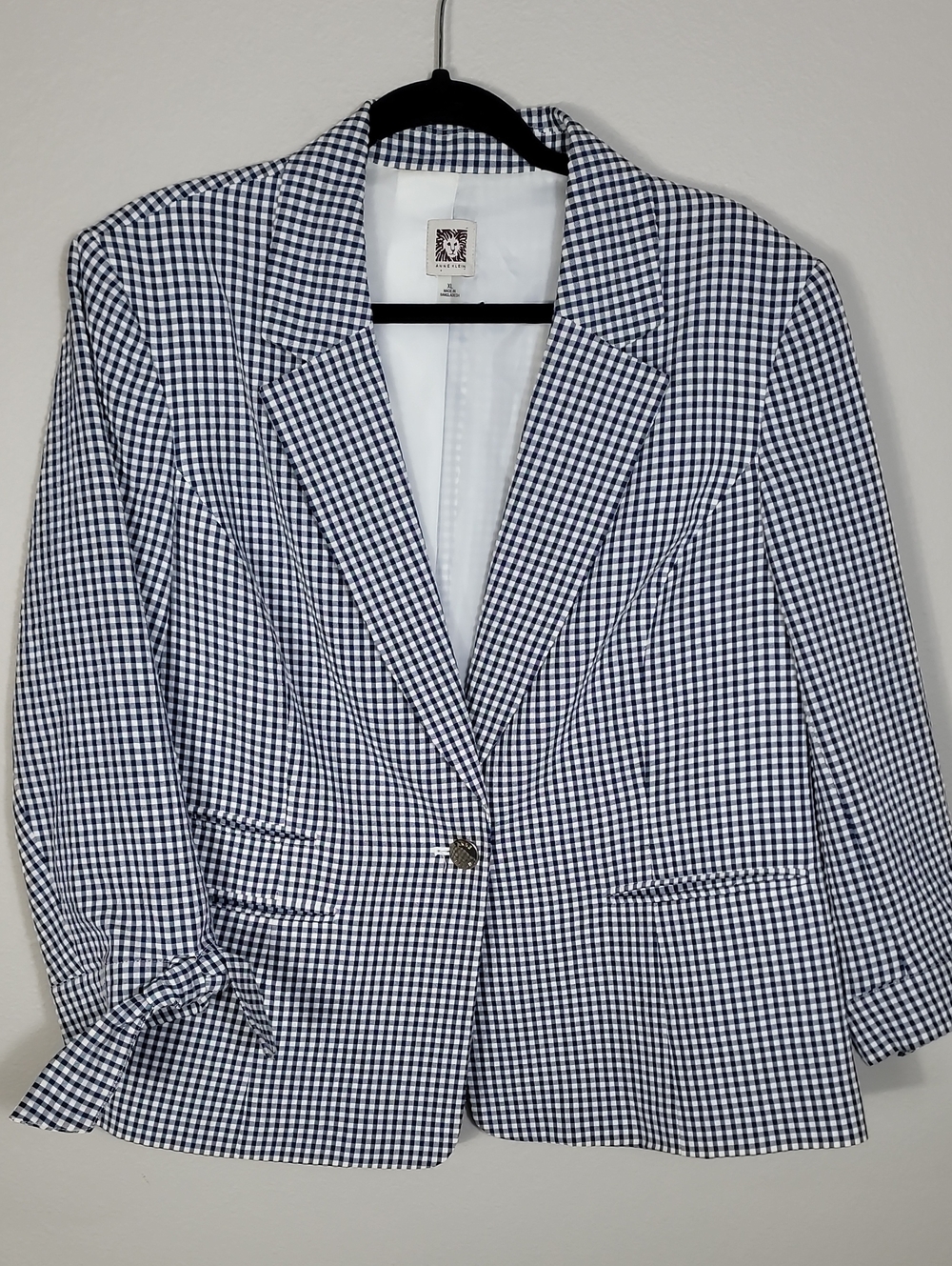 Anne Klein Gingham Seersucker Blazer Size XL Navy White Gold Button